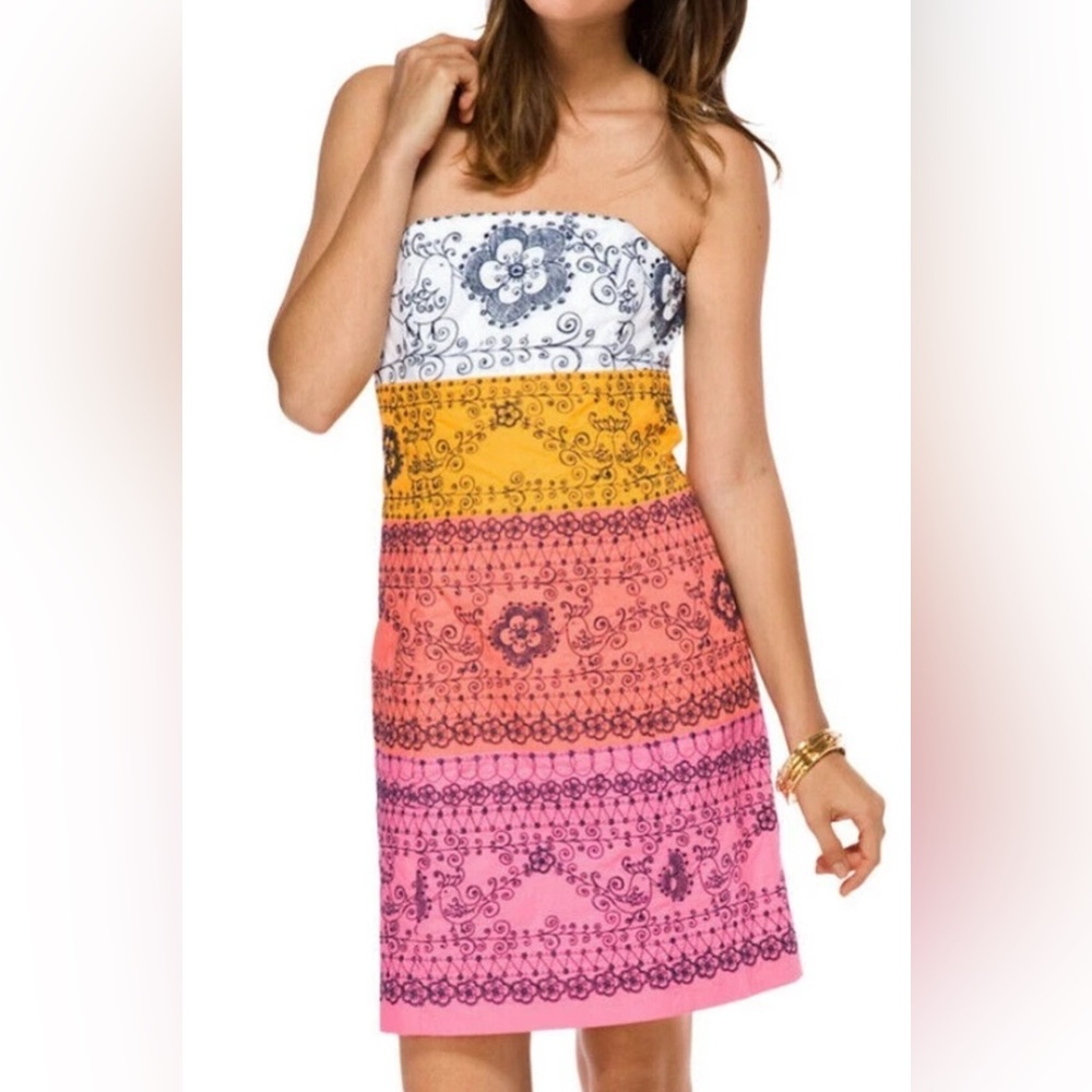 Lilly Pulitzer Bowen Color Blocked Bird Is The Word Embroidery Strapless Dress 0